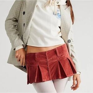 Free People Rust Corduroy Pleated Micro Mini Skirt/Skort Low Rise Y2K Boho